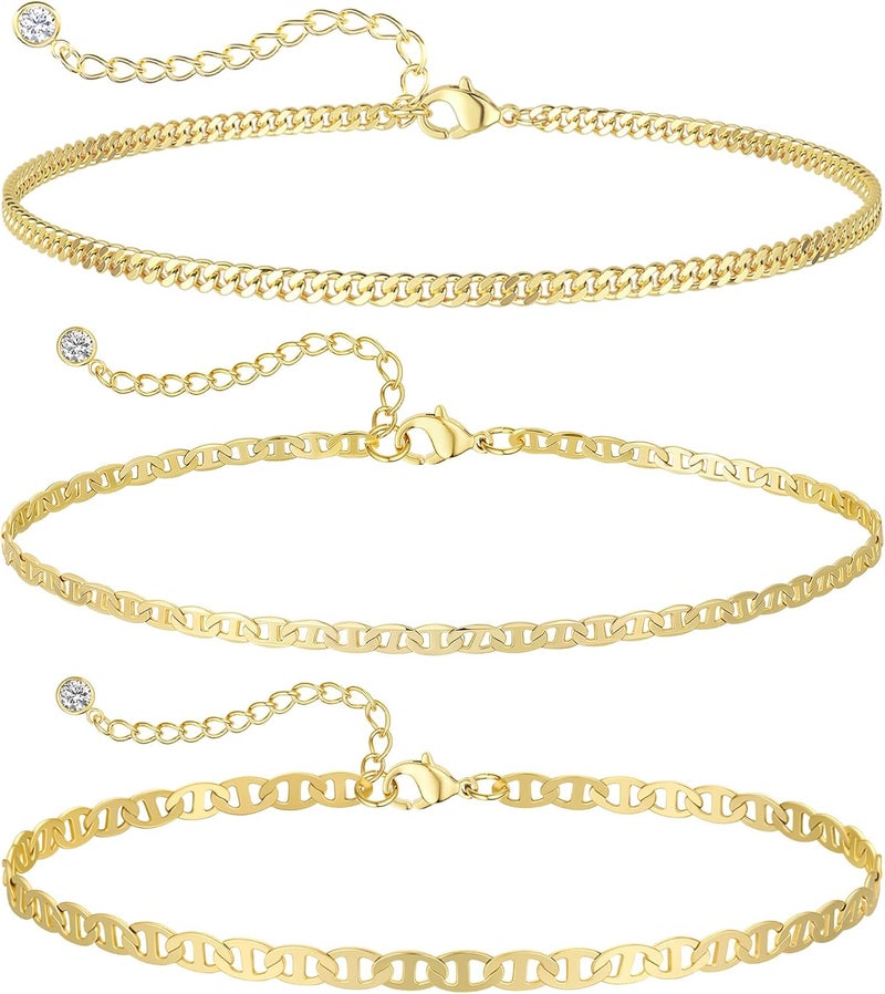 MIDEEO Gold/Silver Ankle Bracelets for Women,14K Gold Anklets for Women Waterproof Cuban Link Heart Beads Herringbone Rhinestone Anklets Set Layered Anklet Bracelets for Women Gold Jewelry Gift - Image 1